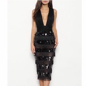 Halter WrapAround Midi Bodycon Fringe Sequin Dress